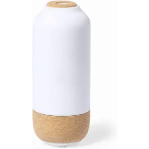 A drink bottle with a white body and a cork base, featuring a simple, modern design. It includes a logo.