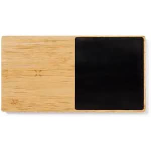 A bamboo cutting board with a black non-slip section. It features a smooth wooden surface and a logo.