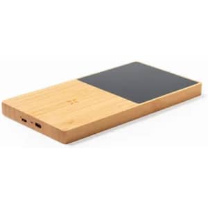 A wireless charger with a bamboo base and a black charging area, featuring USB-C and USB ports.