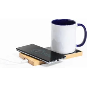 A drink bottle holder with a white cup and a smartphone on a wooden base, featuring a logo.