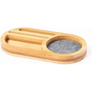 A wooden organiser with a felt compartment and multiple slots for holding items. The colour is a natural wood tone.