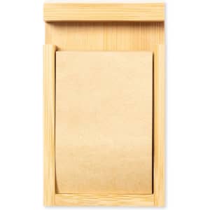 A wooden notepad holder with a sheet of blank paper inside, showcasing a natural bamboo appearance.