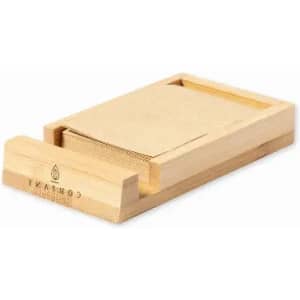 A wooden card holder featuring a sliding drawer, housing blank cards. The natural wood grain adds a warm tone.