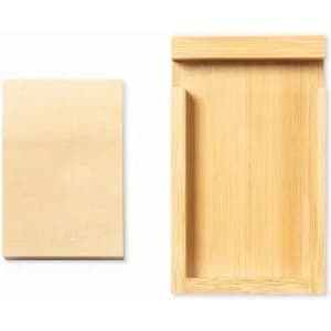 A wooden tray and a flat rectangular piece, both in a light natural wood colour. The tray has a groove on one side.