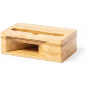 A bamboo phone stand with a sleek design and a slot for vertical positioning. It has a natural wood finish.