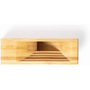 A bamboo storage box with a slotted design, featuring a smooth, natural finish and a light brown colour.