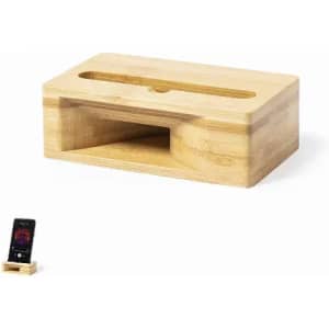 A wooden phone dock in a natural finish, featuring a slot for holding a smartphone and a base for stability.