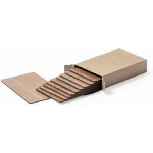 A box containing several thin, rectangular wooden pieces arranged in a stepped formation. The box is plain and brown.