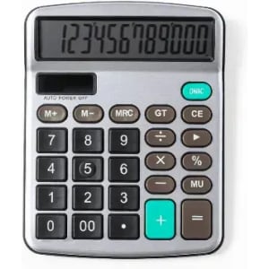 A silver calculator featuring a large display and a grid of numbered buttons in different shades.