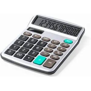 A calculator with a large digital display and a range of buttons in black and silver. It features various mathematical functions.