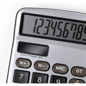 A calculator with a silver body and large digital display, featuring numbers 0-9 and various function buttons.