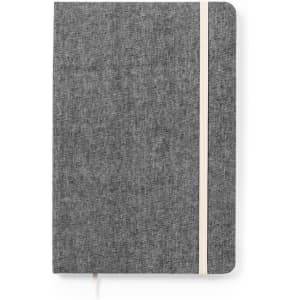 A notebook with a grey fabric cover and a cream elastic band closure, featuring a ribbon bookmark.