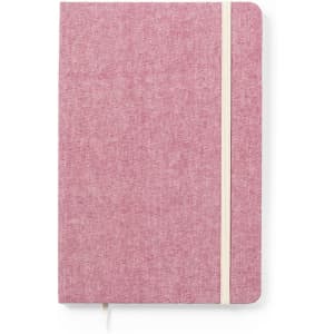 A notebook with a textured pink cover and a cream elastic band. The design is simple and stylish.