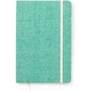 A notebook with a light green cover and a white elastic band, featuring a textured fabric finish.