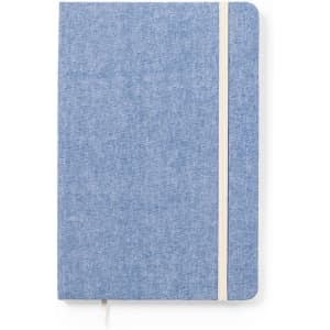 A blue notebook with a textured cover and an elastic band closure. It features a ribbon marker.