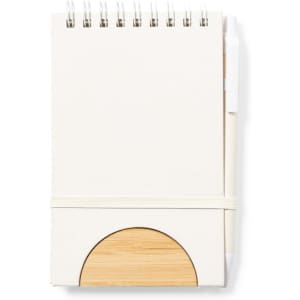 A notepad with a spiral binding, featuring a white cover and a bamboo base, secured with an elastic band.