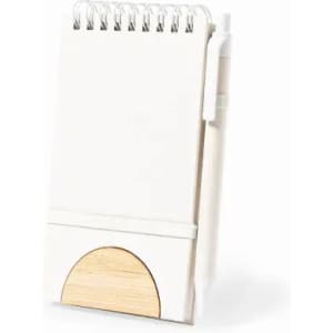 A notepad with a spiral binding, featuring a white cover and a wooden base, including a pen attached.