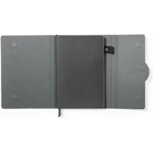 A blank notebook with a dark cover, housed in a grey, folder-style case. The case has a fastening and pockets.