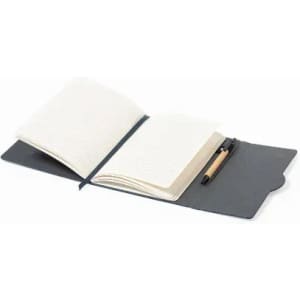 A notebook with a textured dark cover, featuring blank pages and a pen beside it.