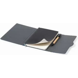 A folder in dark grey, featuring an open notebook and a pen inside, with a sleek design and a logo on the front.