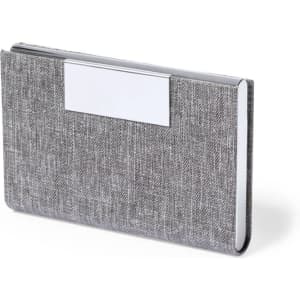 A grey textured business card holder with a metallic accent, featuring a blank area for branding or personalisation.