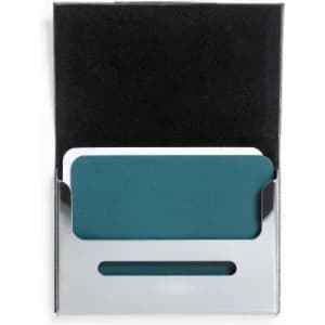 A card holder with a teal card and a silver metallic case, presented in a black box.