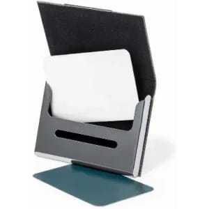 A cardholder with a black and grey design, featuring a slot for a card and a flat base for support.