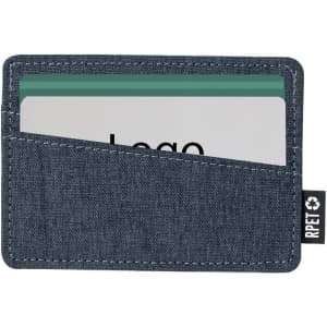 A cardholder in dark denim with a front pocket displaying a card. It features a branding tag.