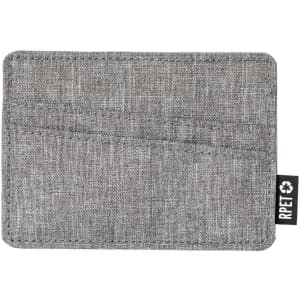 A cardholder in grey fabric, featuring multiple slots for cards and a logo on the side.