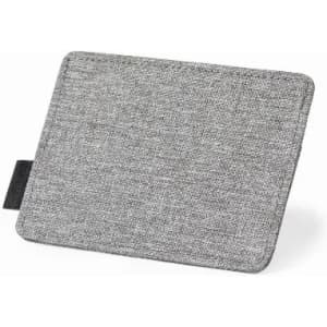 A grey cardholder made of fabric with a textured finish. It features a small pull tab on one side.