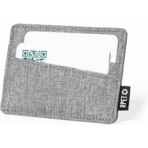 A cardholder in grey fabric with a card partially visible, featuring a logo on the side.