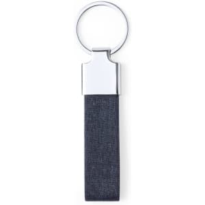 A keychain with a silver ring and a dark fabric strap, featuring a sleek, minimalist design.