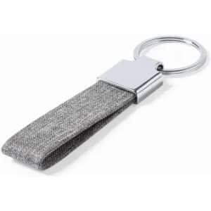A keychain featuring a grey fabric strap and a silver metal clasp. It includes a keyring for attachment.