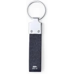A keychain featuring a grey fabric strap and a silver metal hoop. The keychain has a logo on the strap.