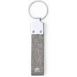 A keychain with a silver metal ring and a grey fabric strap, featuring a branded logo.