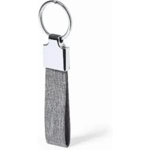 A keychain featuring a silver ring and a grey textile strap. The strap has a metal clasp at one end.