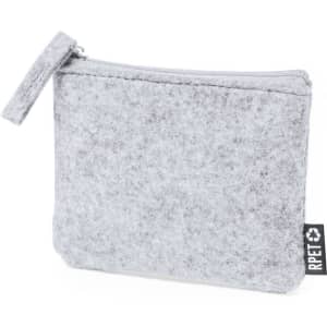 A grey felt pouch with a zipper, featuring a small branding tag on the side.