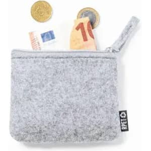 A grey coin pouch made from felt, containing coins and a banknote, with a zipper and a logo label on the side.