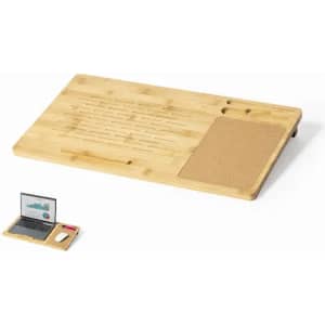 A wooden desk organiser with a cork section and multiple grooves for holding stationery. Features a sleek, natural finish.