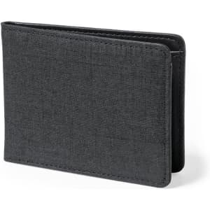 A wallet in a sleek black fabric with a simple design and stitched detailing, featuring an interior for cards and notes.