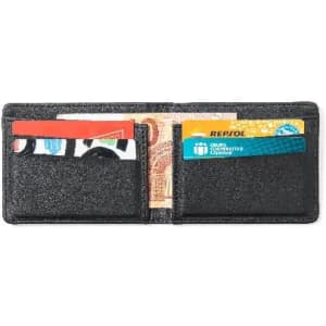A black wallet displaying multiple card slots and a compartment for cash. It features a simple design and a textured finish.