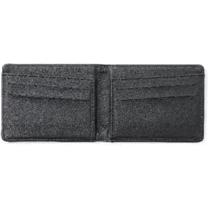 A wallet in black with multiple card slots and a smooth, textured finish. Features a branding logo.