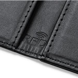 A black wallet featuring an RFID protection detail, with stitching along the edges. It has a smooth leather texture.