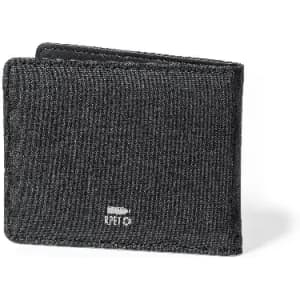 A wallet in a textured black fabric with a subtle logo, showcasing a bifold design.