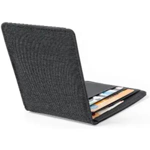 A grey wallet with a textured finish, featuring multiple slots for cards and bills. It includes a branding logo.
