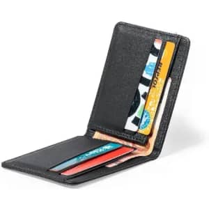 A wallet in black leather with multiple slots for cards and cash, displayed partially open.