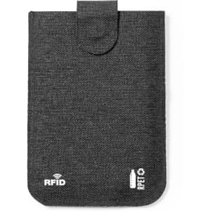 A grey RFID-protective sleeve with a flap closure and branding on the bottom.