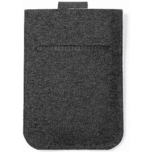 A grey fabric pouch featuring a pocket on the front and a flap closure. It has a logo on the surface.