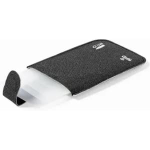 A protective case in black fabric, designed to hold and secure a clear container inside. Features branding on the exterior.