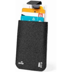 A RFID card holder in black fabric, featuring multiple cards secured inside and a flap closure at the top.